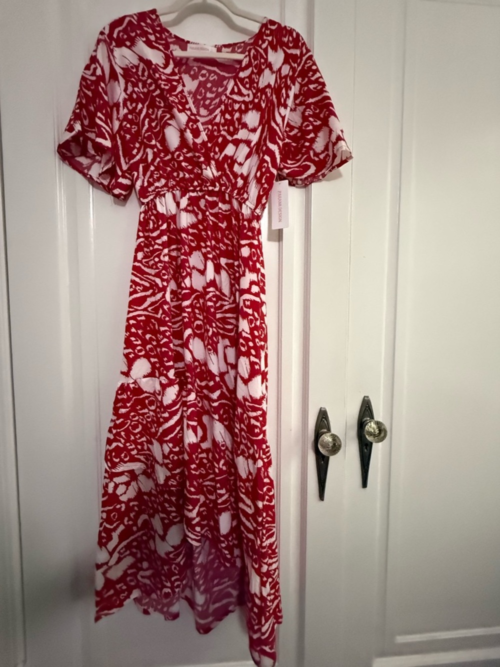 Red and White V-Neck Maxi Dress